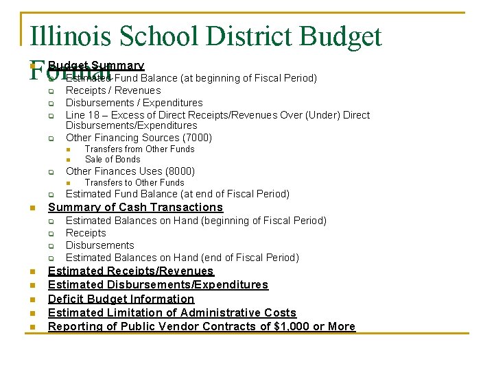 Illinois School District Budget Summary Format n q q q Estimated Fund Balance (at