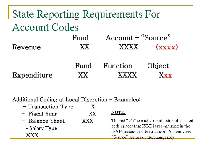 State Reporting Requirements For Account Codes NOTE: - Salary Type XXX The red “x’s”