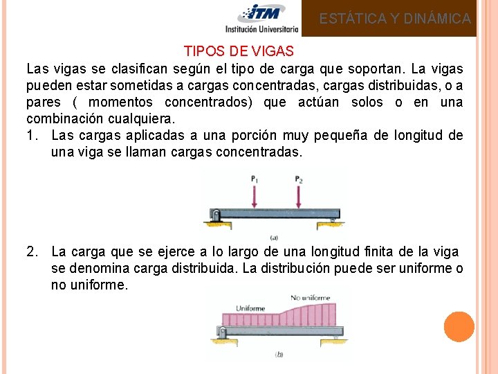 ESTÁTICA Y DINÁMICA TIPOS DE VIGAS Las vigas se clasifican según el tipo de