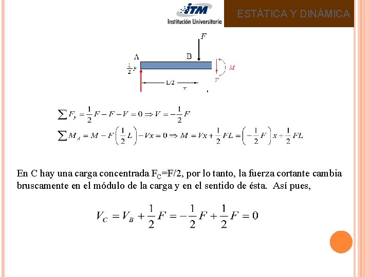 ESTÁTICA Y DINÁMICA En C hay una carga concentrada FC=F/2, por lo tanto, la