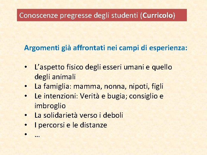 Conoscenze pregresse degli studenti (Curricolo) Curricolo Argomenti già affrontati nei campi di esperienza: • Conoscenze pregresse degli studenti (Curricolo) Curricolo Argomenti già affrontati nei campi di esperienza: •