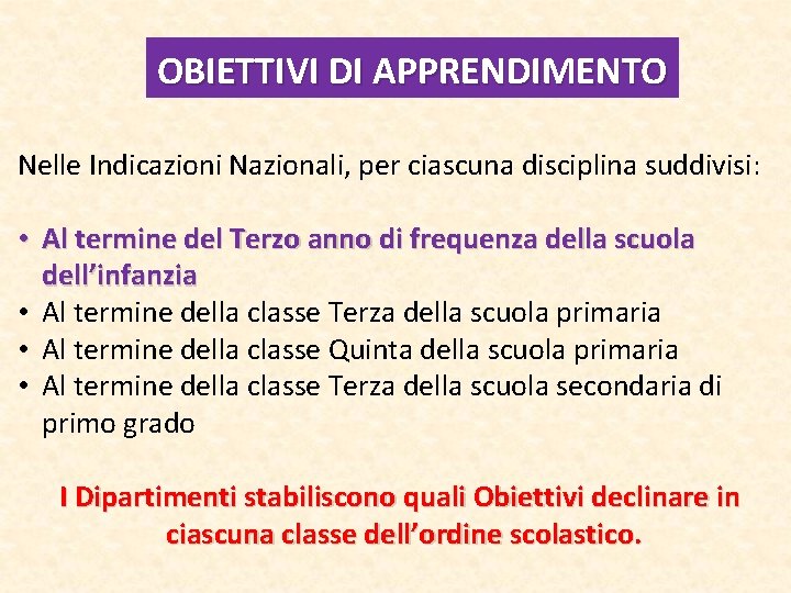 OBIETTIVI DI APPRENDIMENTO Nelle Indicazioni Nazionali, per ciascuna disciplina suddivisi: • Al termine del OBIETTIVI DI APPRENDIMENTO Nelle Indicazioni Nazionali, per ciascuna disciplina suddivisi: • Al termine del