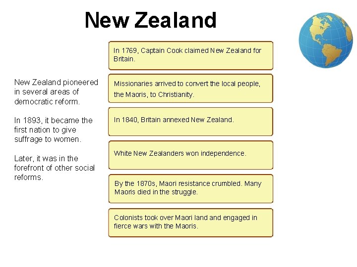 3 New Zealand In 1769, Captain Cook claimed New Zealand for Britain. New Zealand