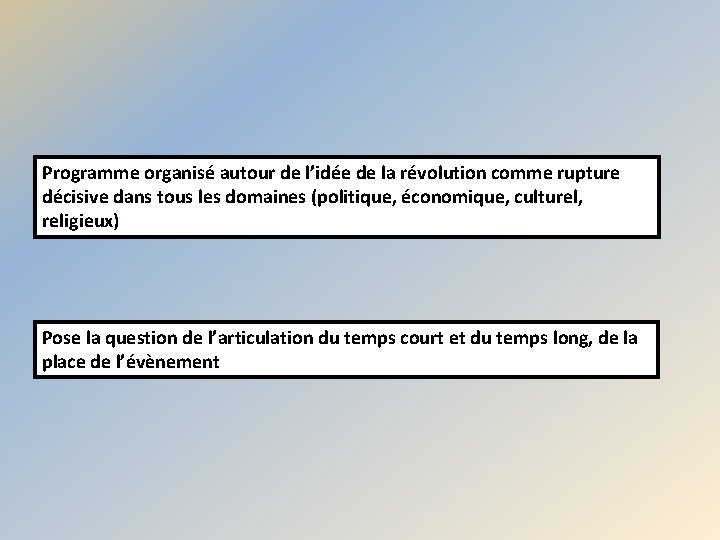 Programme organisé autour de l’idée de la révolution comme rupture décisive dans tous les