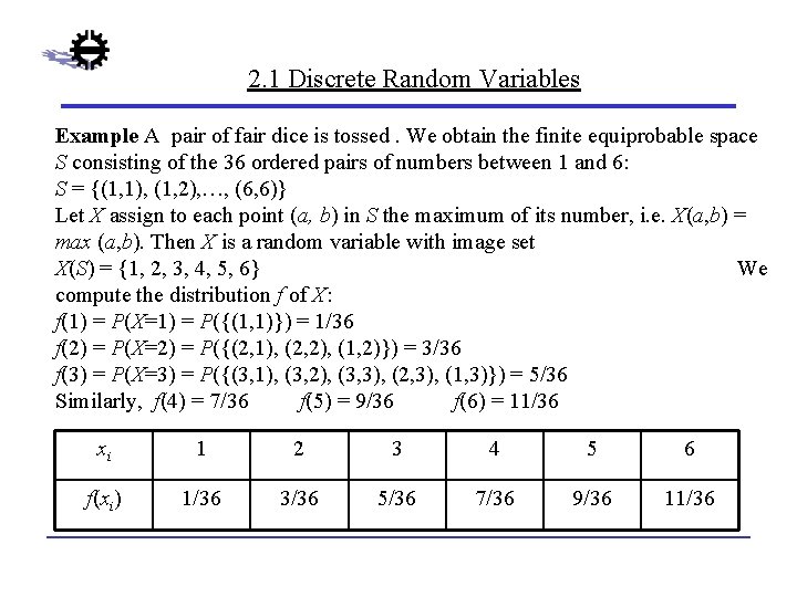 2. 1 Discrete Random Variables Example A pair of fair dice is tossed. We