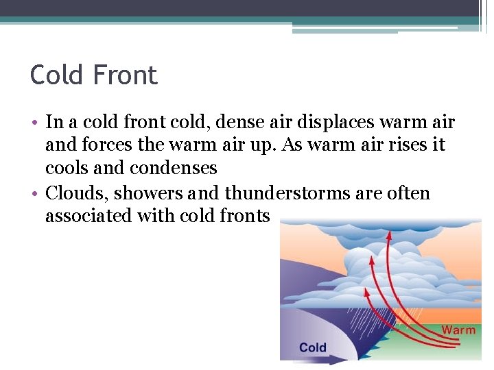 Cold Front • In a cold front cold, dense air displaces warm air and