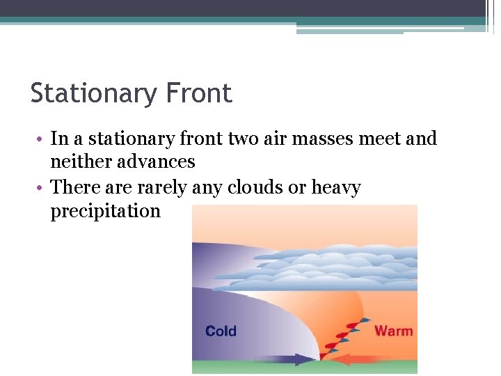 Stationary Front • In a stationary front two air masses meet and neither advances
