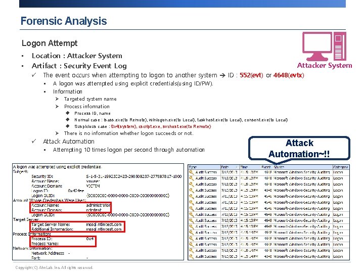 Forensic Analysis Logon Attempt • • Location : Attacker System Artifact : Security Event