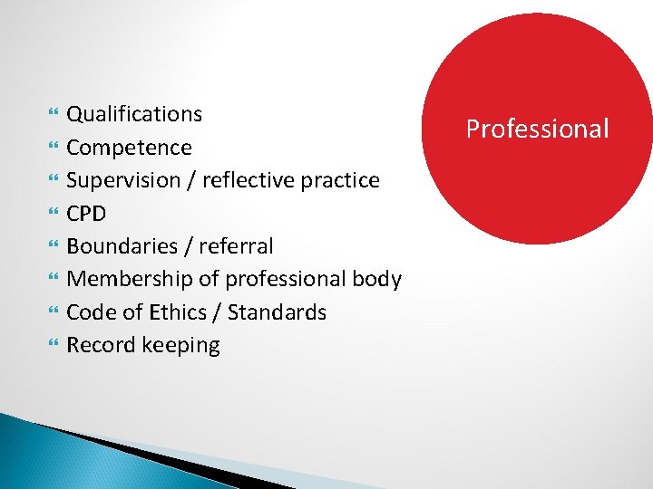  Qualifications Competence Supervision / reflective practice CPD Boundaries / referral Membership of professional