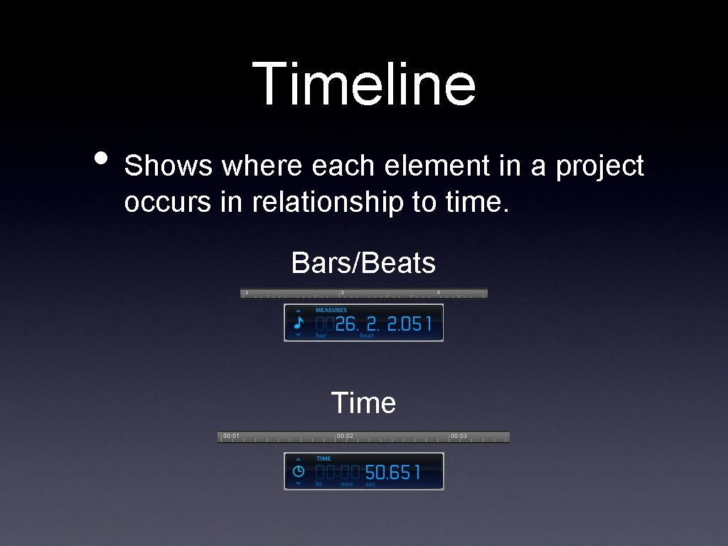 Timeline • Shows where each element in a project occurs in relationship to time.