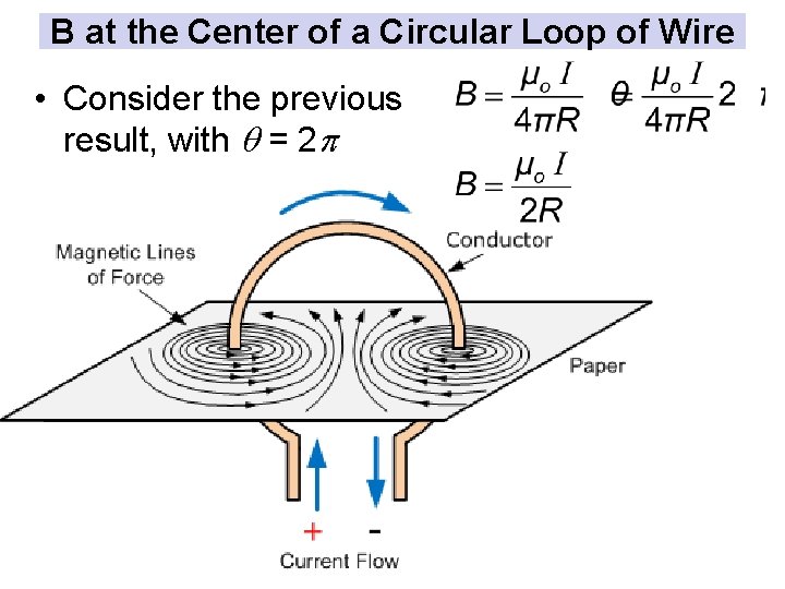 B at the Center of a Circular Loop of Wire • Consider the previous