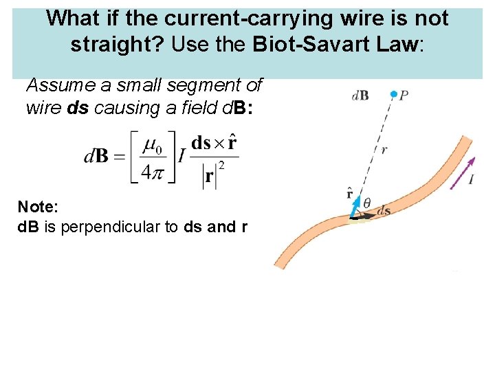 What if the current-carrying wire is not straight? Use the Biot-Savart Law: Assume a