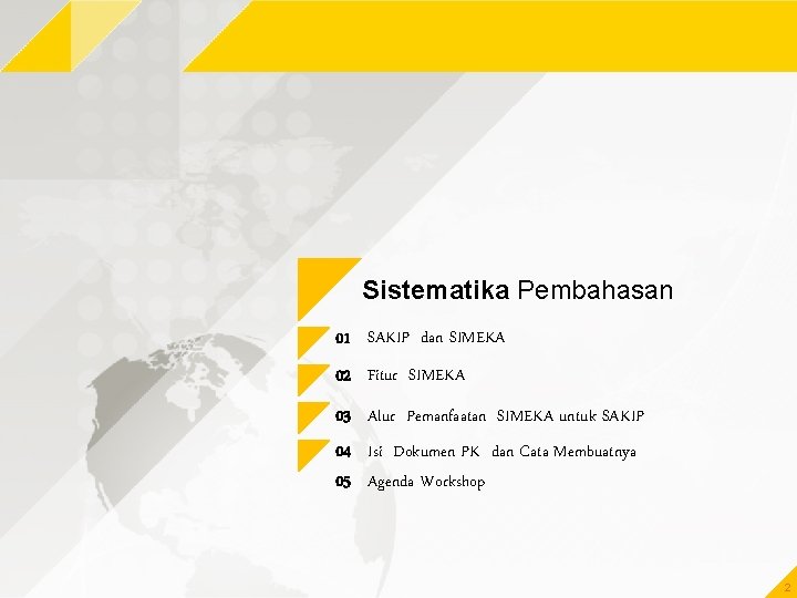 Sistematika Pembahasan 01 SAKIP dan SIMEKA 02 Fitur SIMEKA 03 Alur Pemanfaatan SIMEKA untuk