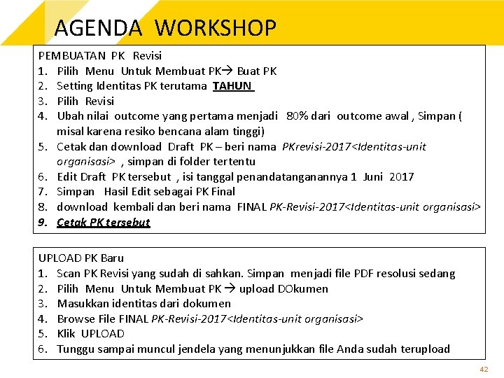 AGENDA WORKSHOP PEMBUATAN PK Revisi 1. Pilih Menu Untuk Membuat PK Buat PK 2.