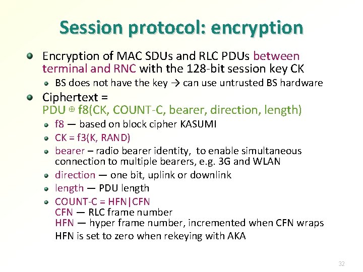 Session protocol: encryption Encryption of MAC SDUs and RLC PDUs between terminal and RNC