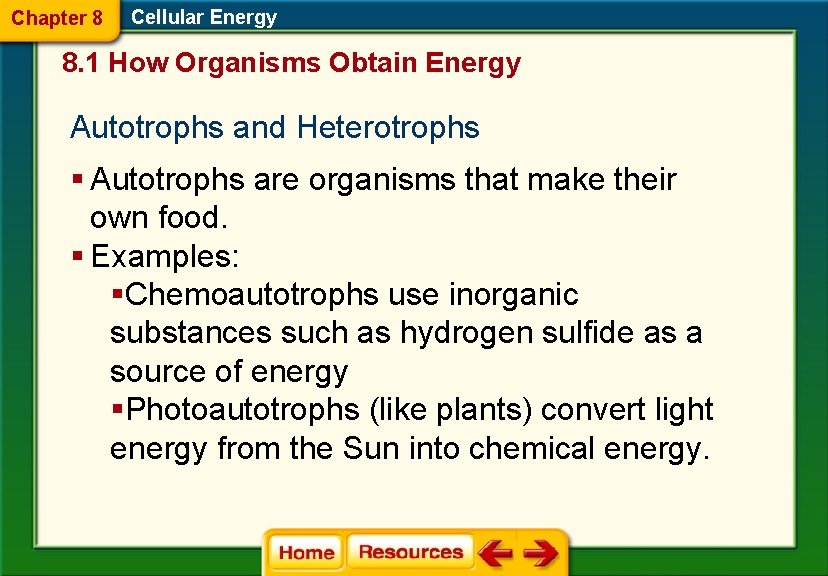 Chapter 8 Cellular Energy 8. 1 How Organisms Obtain Energy Autotrophs and Heterotrophs §