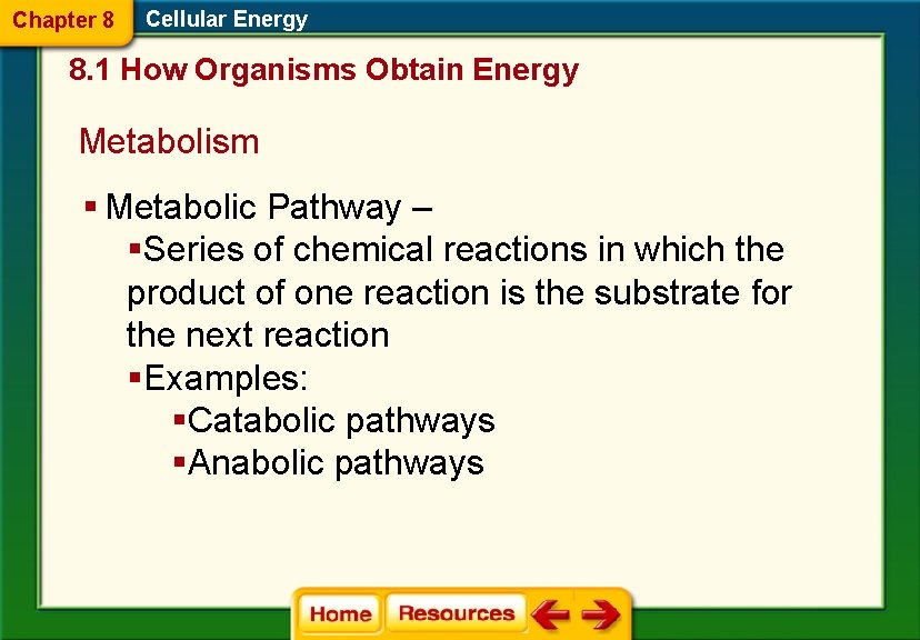 Chapter 8 Cellular Energy 8. 1 How Organisms Obtain Energy Metabolism § Metabolic Pathway