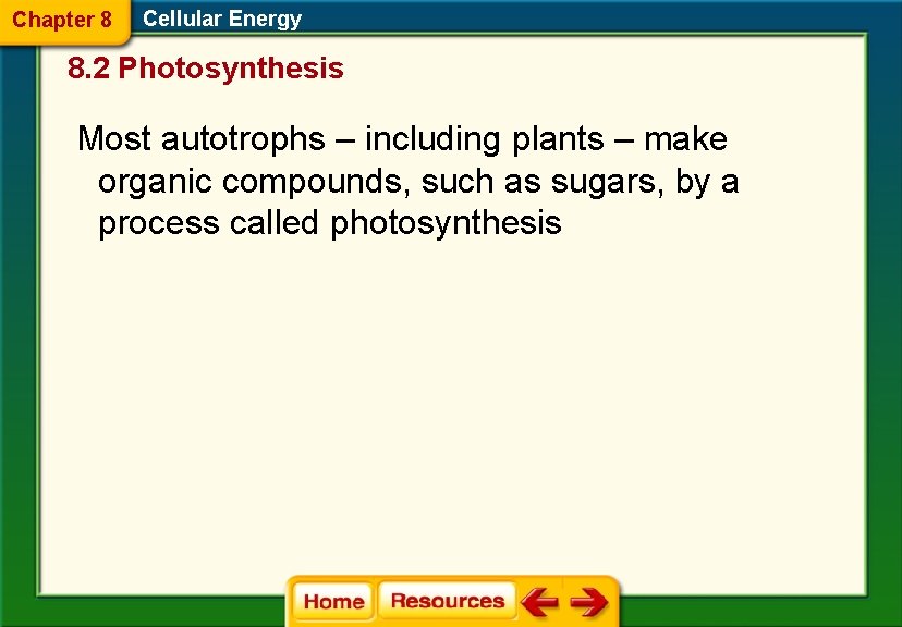 Chapter 8 Cellular Energy 8. 2 Photosynthesis Most autotrophs – including plants – make