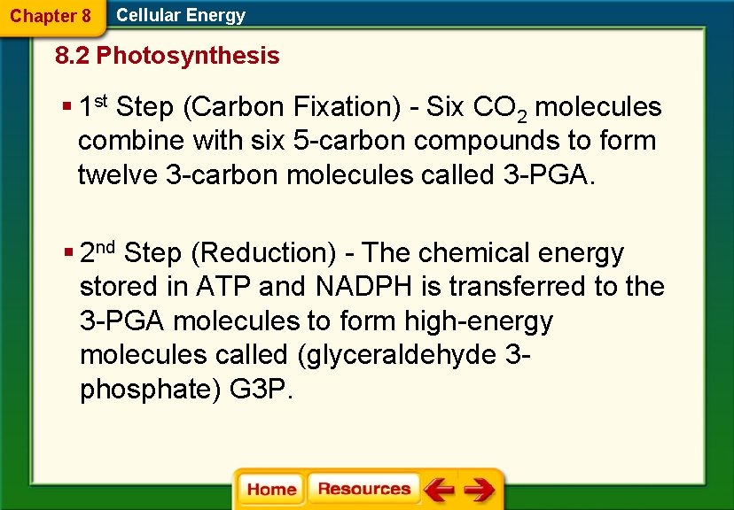 Chapter 8 Cellular Energy 8. 2 Photosynthesis § 1 st Step (Carbon Fixation) -