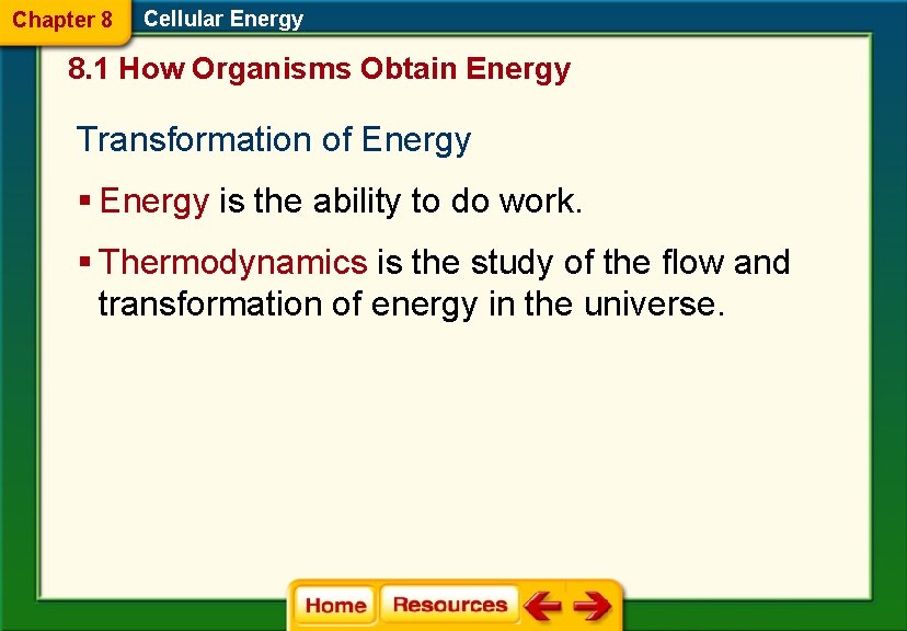 Chapter 8 Cellular Energy 8. 1 How Organisms Obtain Energy Transformation of Energy §