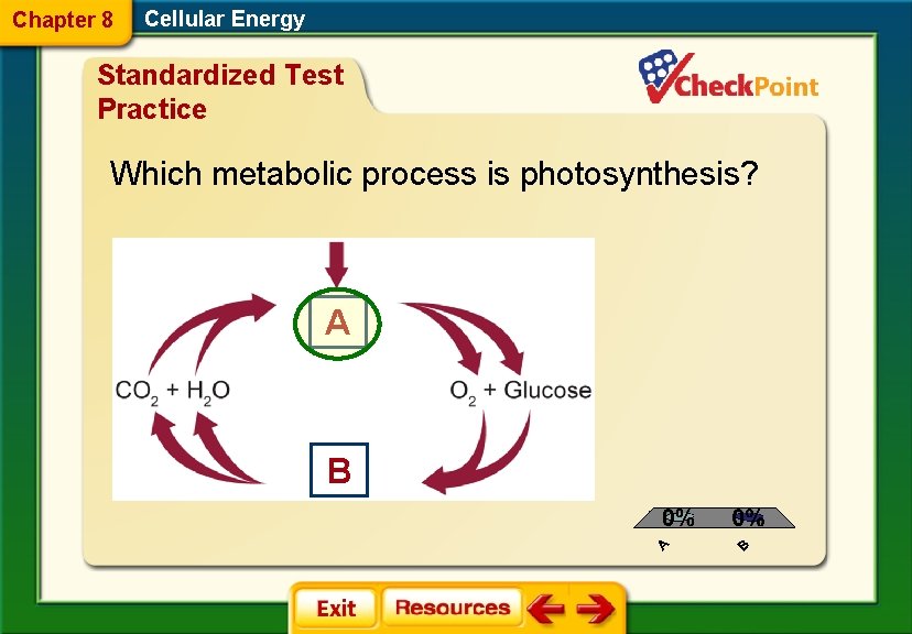 Chapter 8 Cellular Energy Standardized Test Practice Which metabolic process is photosynthesis? A 1.