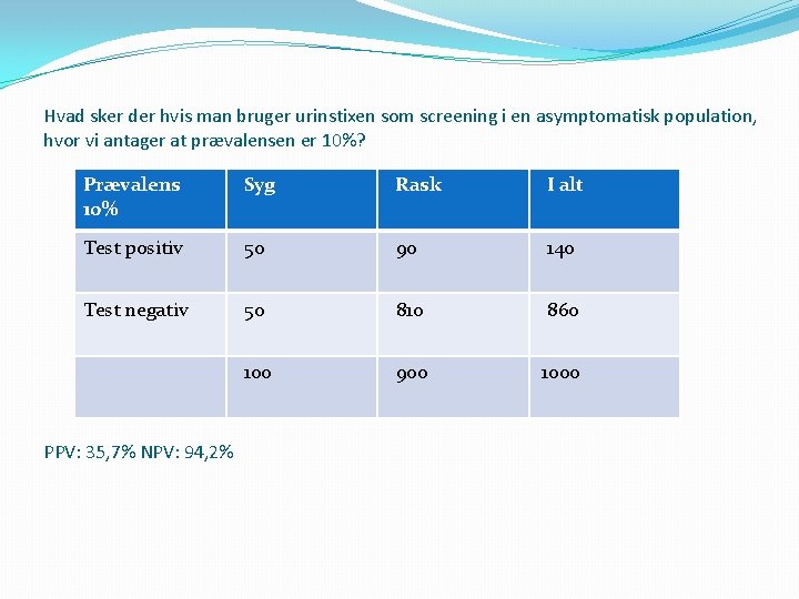 Hvad sker der hvis man bruger urinstixen som screening i en asymptomatisk population, hvor