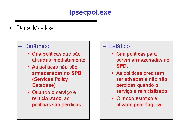 Ipsecpol. exe • Dois Modos: – Dinâmico: • Cria políticas que são ativadas imediatamente.