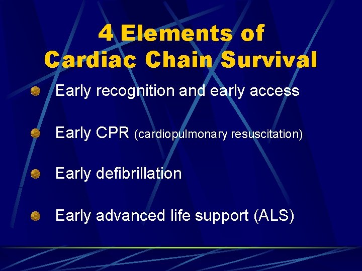 4 Elements of Cardiac Chain Survival Early recognition and early access Early CPR (cardiopulmonary