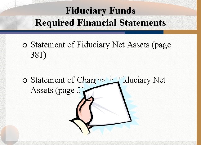Fiduciary Funds Required Financial Statements ¡ Statement of Fiduciary Net Assets (page 381) ¡