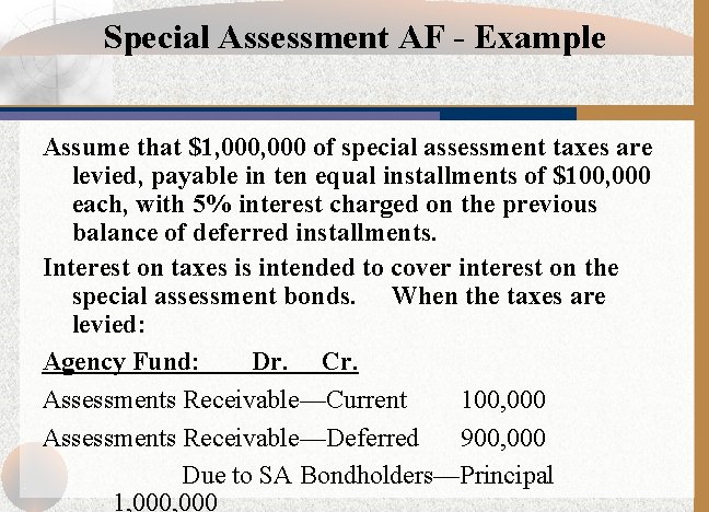 Special Assessment AF - Example Assume that $1, 000 of special assessment taxes are