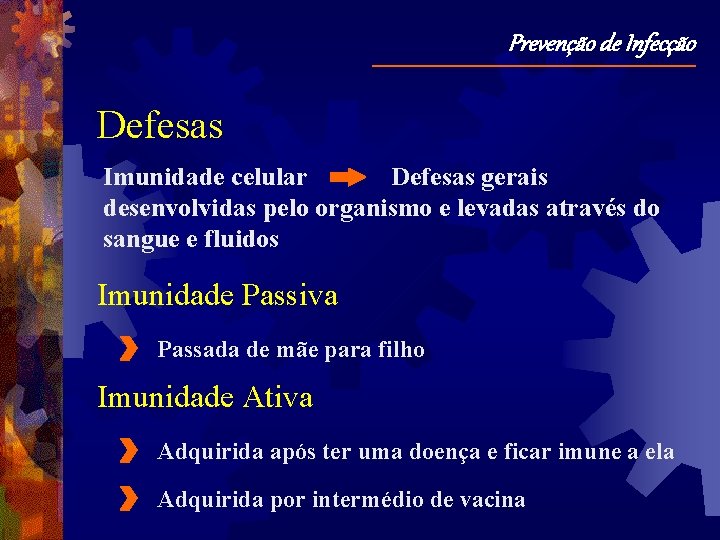 Prevenção de Infecção Defesas Imunidade celular Defesas gerais desenvolvidas pelo organismo e levadas através