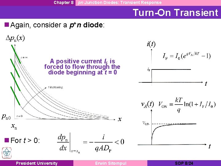 Chapter 8 pn Junction Diodes: Transient Response Turn-On Transient n Again, consider a p+n