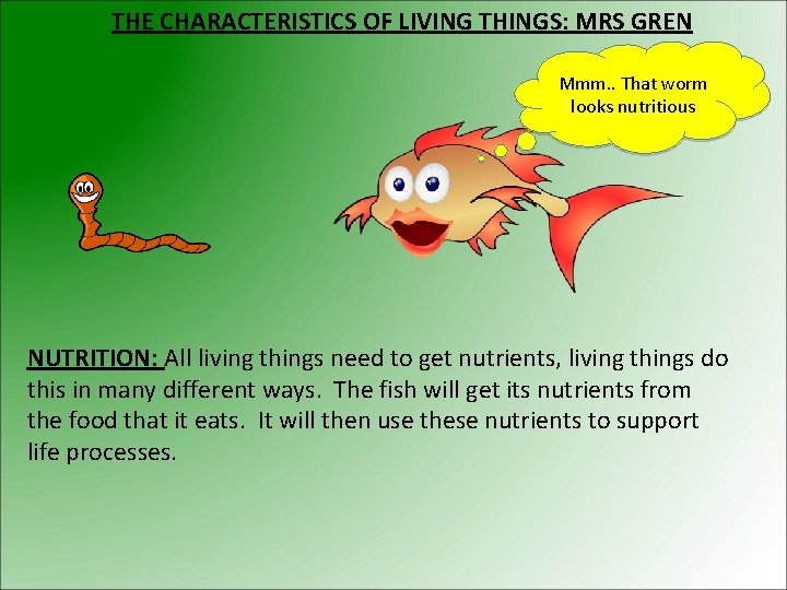 THE CHARACTERISTICS OF LIVING THINGS: MRS GREN Mmm. . That worm looks nutritious NUTRITION: