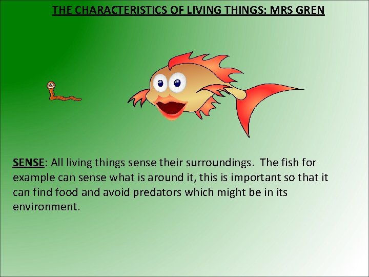 THE CHARACTERISTICS OF LIVING THINGS: MRS GREN SENSE: All living things sense their surroundings.