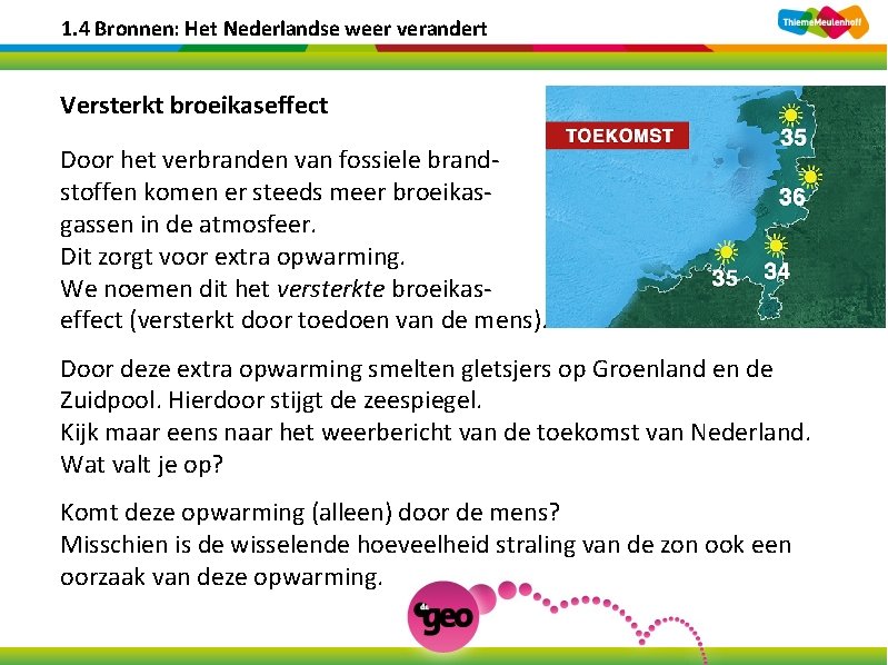 1. 4 Bronnen: Het Nederlandse weer verandert Versterkt broeikaseffect Door het verbranden van fossiele