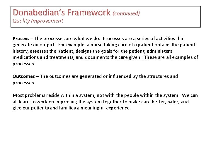 Donabedian’s Framework (continued) Quality Improvement Process – The processes are what we do. Processes