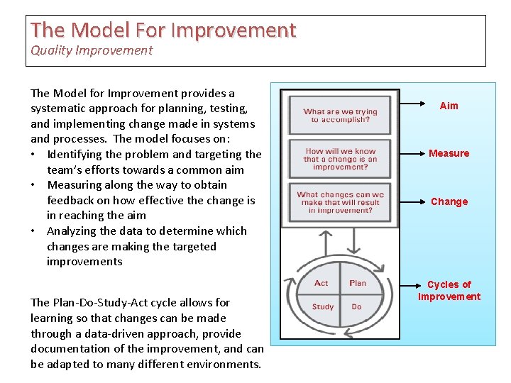 The Model For Improvement Quality Improvement The Model for Improvement provides a systematic approach