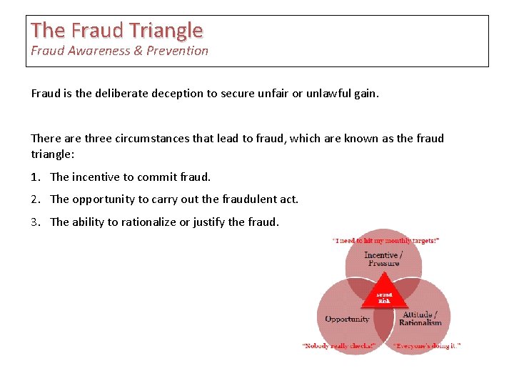 The Fraud Triangle Fraud Awareness & Prevention Fraud is the deliberate deception to secure