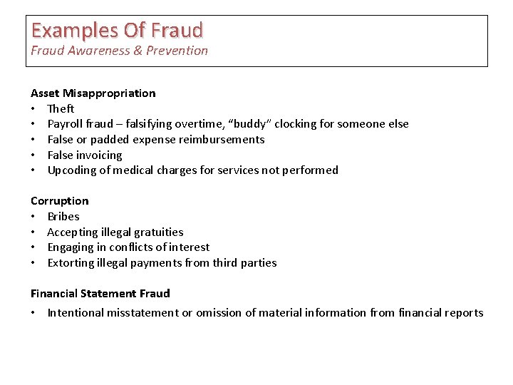 Examples Of Fraud Awareness & Prevention Asset Misappropriation • Theft • Payroll fraud –