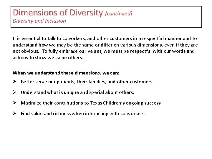 Dimensions of Diversity (continued) Diversity and Inclusion It is essential to talk to coworkers,