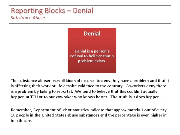 Reporting Blocks – Denial Substance Abuse Denial is a person’s refusal to believe that