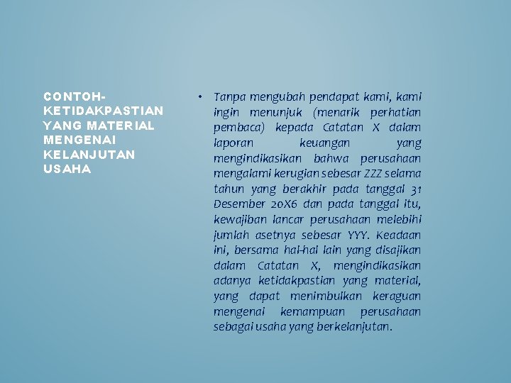 CONTOHKETIDAKPASTIAN YANG MATERIAL MENGENAI KELANJUTAN USAHA • Tanpa mengubah pendapat kami, kami ingin menunjuk