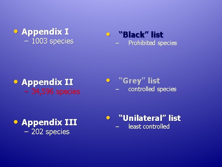 • Appendix I – 1003 species • “Black” list – Prohibited species • • Appendix I – 1003 species • “Black” list – Prohibited species •