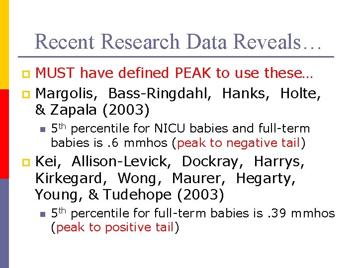 Recent Research Data Reveals… MUST have defined PEAK to use these… p Margolis, Bass-Ringdahl,
