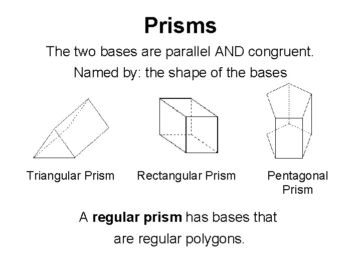 Prisms The two bases are parallel AND congruent. Named by: the shape of the Prisms The two bases are parallel AND congruent. Named by: the shape of the
