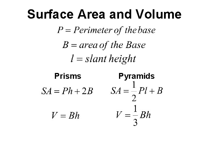 Surface Area and Volume Prisms Pyramids Surface Area and Volume Prisms Pyramids