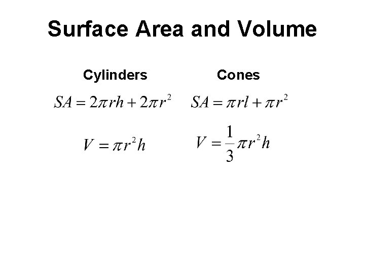 Surface Area and Volume Cylinders Cones Surface Area and Volume Cylinders Cones