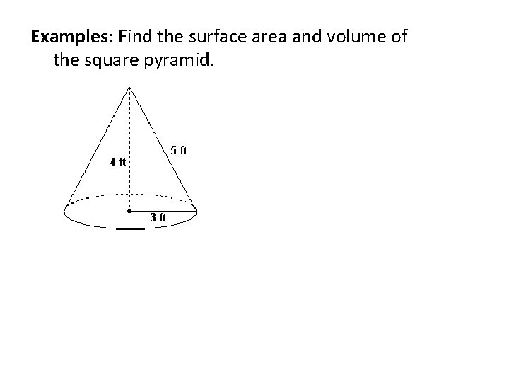 Examples: Find the surface area and volume of the square pyramid. Examples: Find the surface area and volume of the square pyramid.