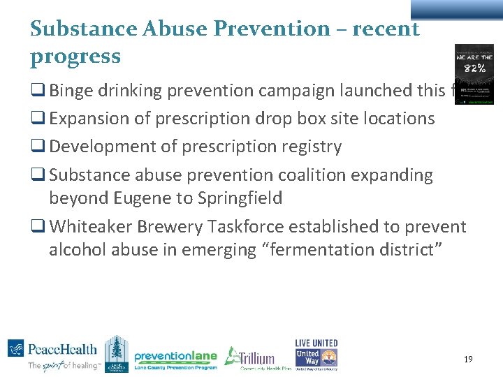 Substance Abuse Prevention – recent progress q Binge drinking prevention campaign launched this fall