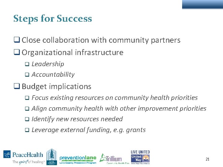 Steps for Success q Close collaboration with community partners q Organizational infrastructure Leadership q